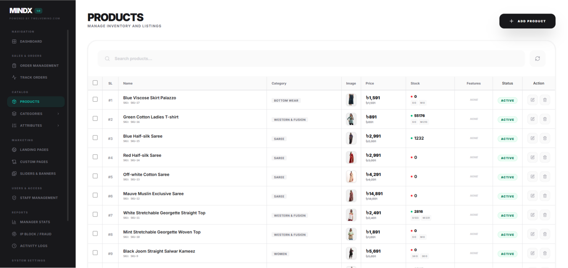 MindX Digital admin product and inventory management dashboard