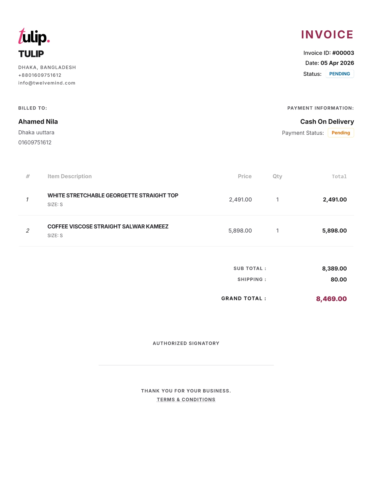 Example branded PDF invoice with customer and order totals
